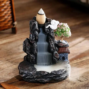 Brûleur d'encens reflux modèle Cerisier - arbre en fleurs roses avec chaumière - Maia Casa