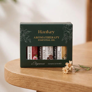 Coffret 3 huiles essentielles aromatiques vert sur bois