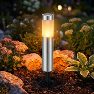 Lampadaire solaire argenté lumière chaude ambrée jardin nuit