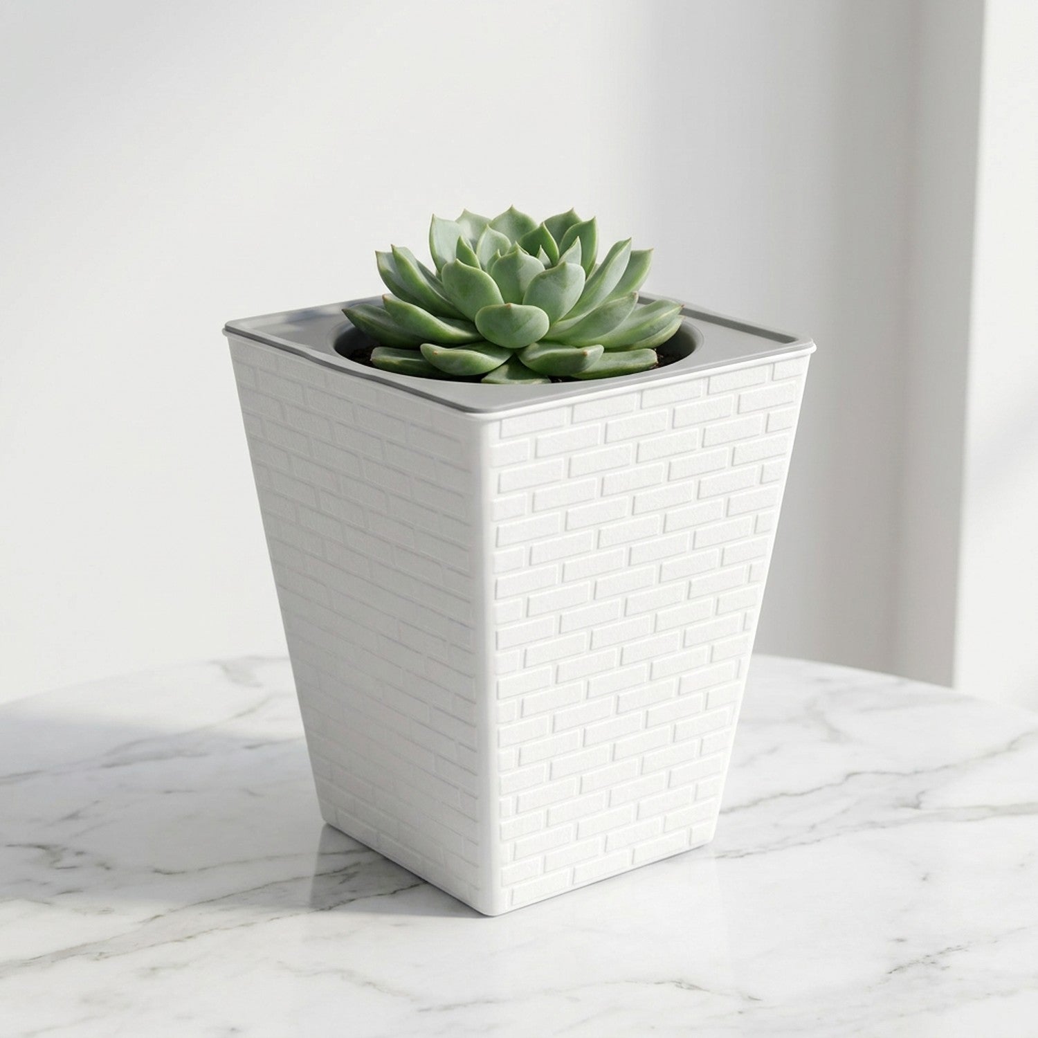 Jardinière carrée blanche texture brique avec succulente sur marbre blanc