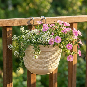 Pot de fleur mural imitation rotin coloris blanc avec pétunias roses