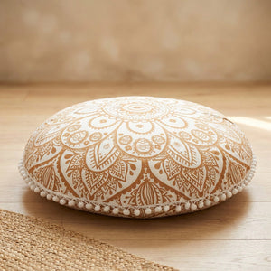 Coussin de sol mandala doré et blanc avec pompons
