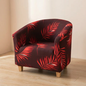 Fauteuil club housse motif feuilles tropicales rouge