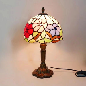 Lampe style Tiffany modèle Fleurs multicolores, abat-jour vitrail à fleurs rouges et violettes
