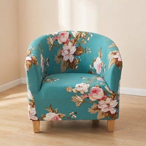 Fauteuil club housse motif fleurs turquoise et blanc