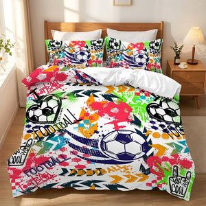 Housse de couette de football multicolore motifs football sur fond blanc