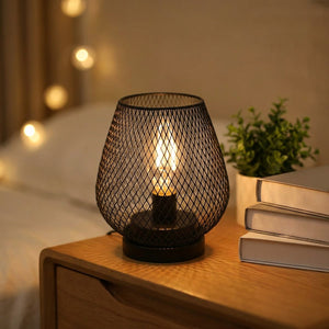 Lampe industrielle cage grillagée modèle noire 17 cm allumée