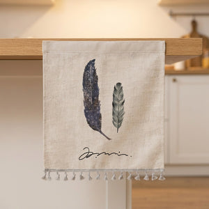 Rideau cache meuble motif plumes gris et bleu avec pompons