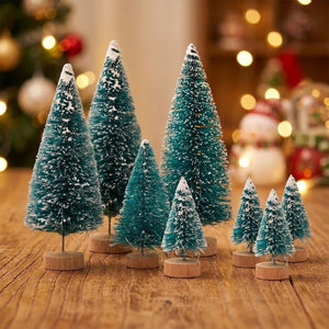 Mini sapins de Noël en sisal turquoise lot de 8 pièces sur base en bois