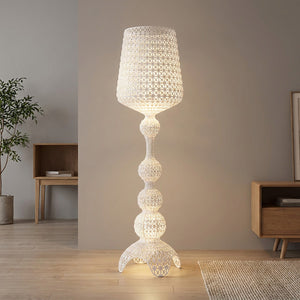 Lampadaire acrylique blanc ajouré façon dentelle allumé design italien