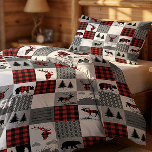 Parure de lit de Noël modèle Tartan gros plan motif carreaux et cerfs