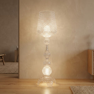 Lampadaire acrylique transparent ajouré façon dentelle allumé design italien