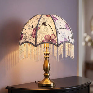 Abat-jour Fleurs Violettes - tissu blanc motif floral violet avec franges cristal
