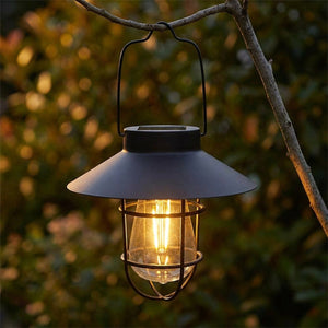 Lanterne solaire noire allumée suspendue à une branche dans un jardin
