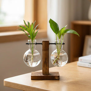 Deux vases à bouture côte à côte sur support en bois