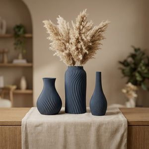 Vases côtelés bleu foncé ardoise mat lot de 3 imprimés en 3D