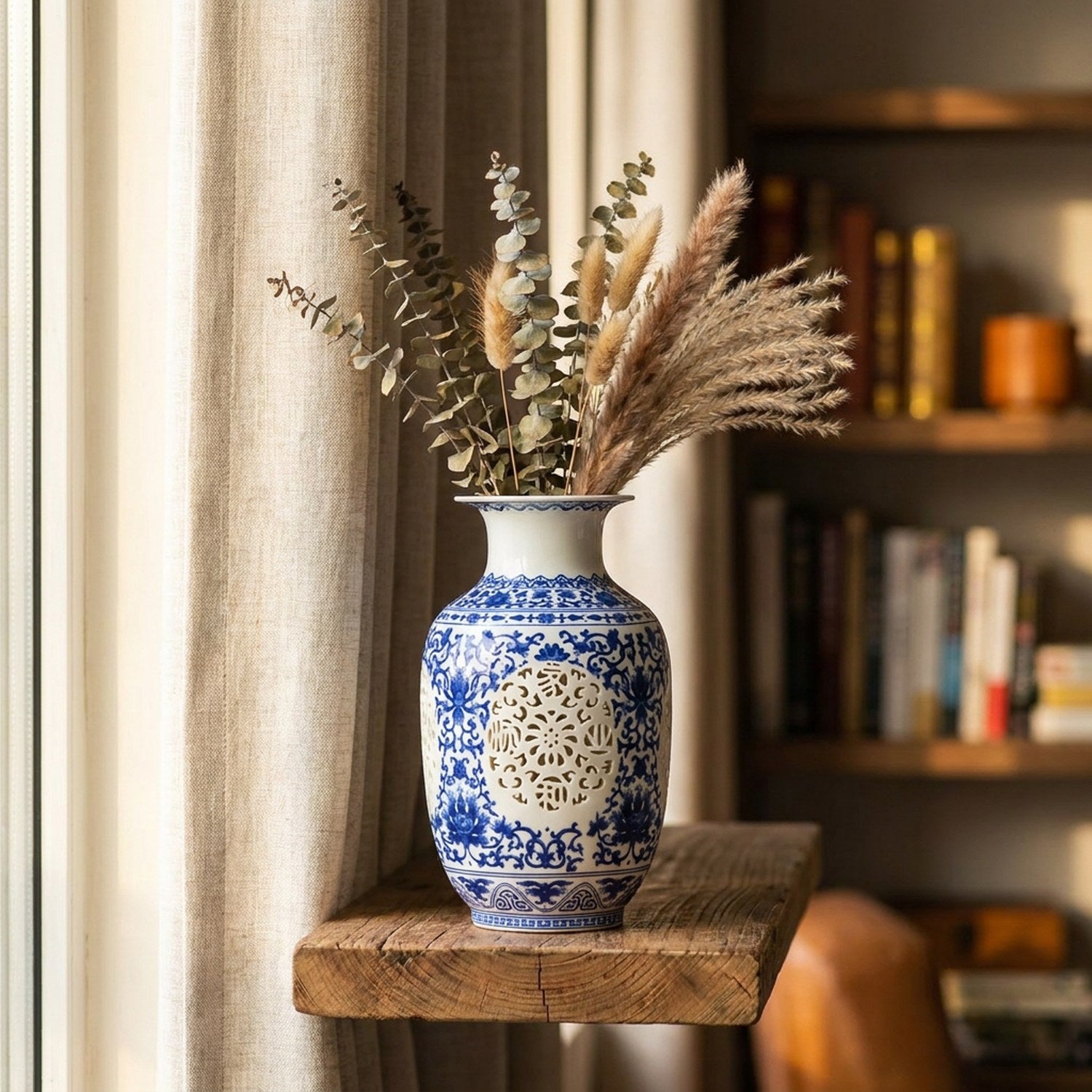 Vase ajouré bleu et blanc Jingdezhen posé sur étagère bibliothèque avec livres