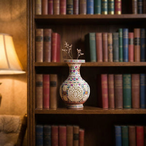 Vase ajouré Jingdezhen multicolore famille rose sur étagère bibliothèque avec livres