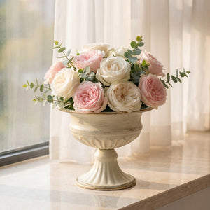 Vase médicis fleuri de roses fraîches sur un plan en marbre près d'une fenêtre