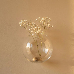 Petit vase mural en verre avec gypsophile sur mur sable doux