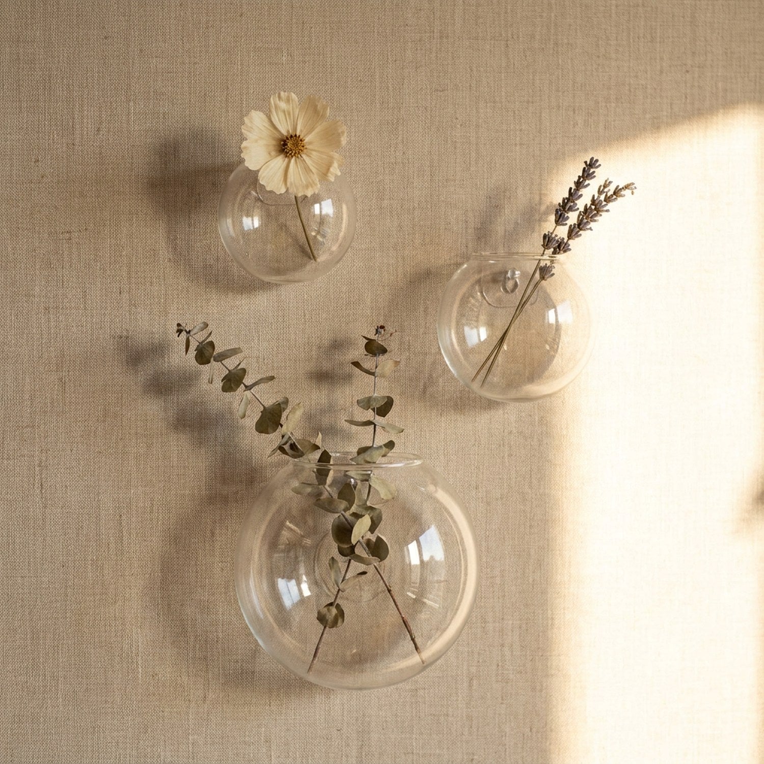 Ensemble de 3 vases muraux en verre boule sur mur texturé lin