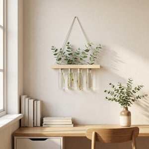 Vase mural un étage en bois clair au dessus d un bureau avec des boutures d eucalyptus
