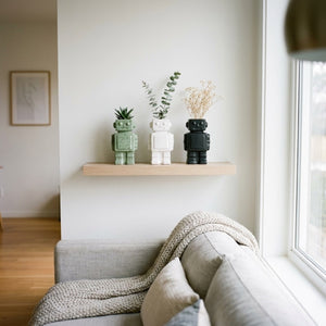 Trois vases robot alignés sur étagère flottante avec plantes dans salon scandinave