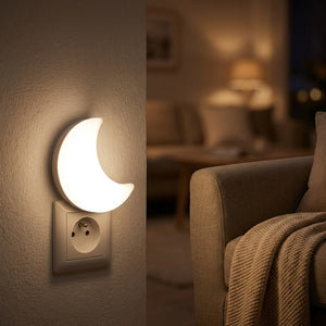 Veilleuse lune LED allumée dans un salon cosy avec fauteuil et plaid la nuit