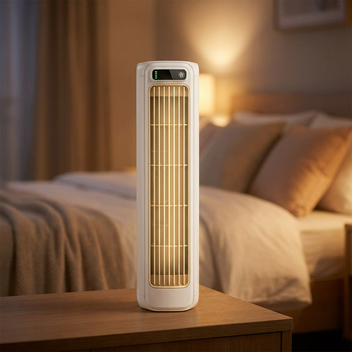 Ventilateur tour blanc sur une table de chevet dans une chambre chaleureuse le soir