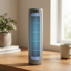 Ventilateur tour gris à grille verticale éclairée en bleu
