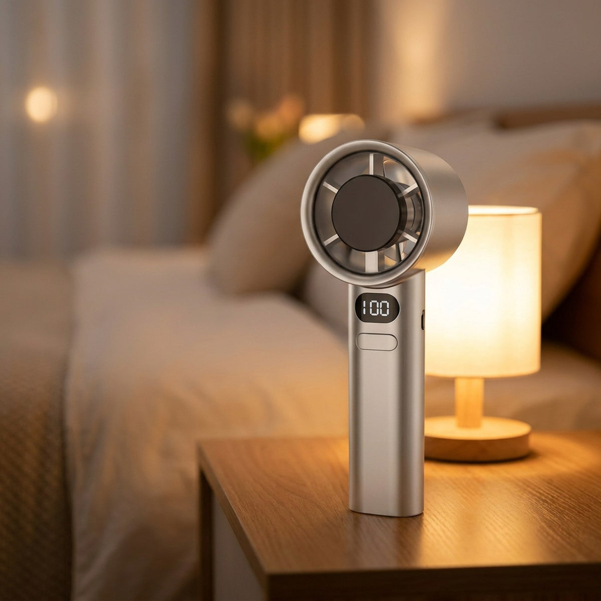 Ventilateur portable à main posé sur une table de chevet dans une chambre