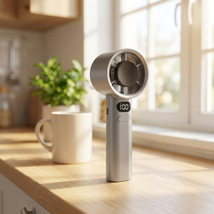 Ventilateur portable à main gris sur un plan de travail de cuisine lumineux