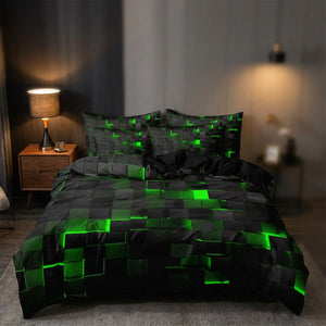 Parure de lit au motif géométrique 3D à cubes verts lumineux sur un lit