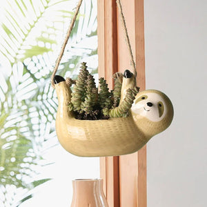 Pot céramique paresseux jaune avec succulente près fenêtre ensoleillée