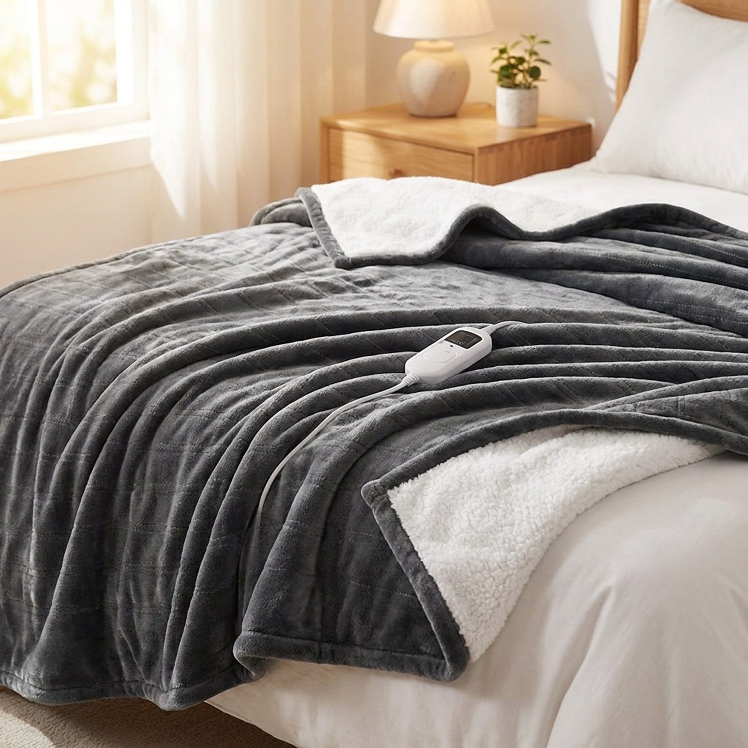 Couverture chauffante électrique en flanelle gris anthracite dépliée sur un lit dans une chambre chaleureuse