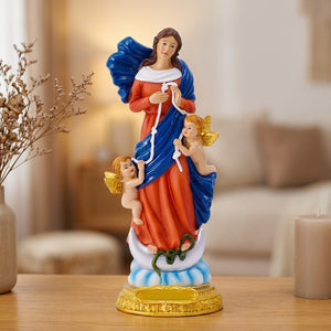 Statue de la vierge Marie qui défait les nœuds en résine peinte à la main posée sur une console