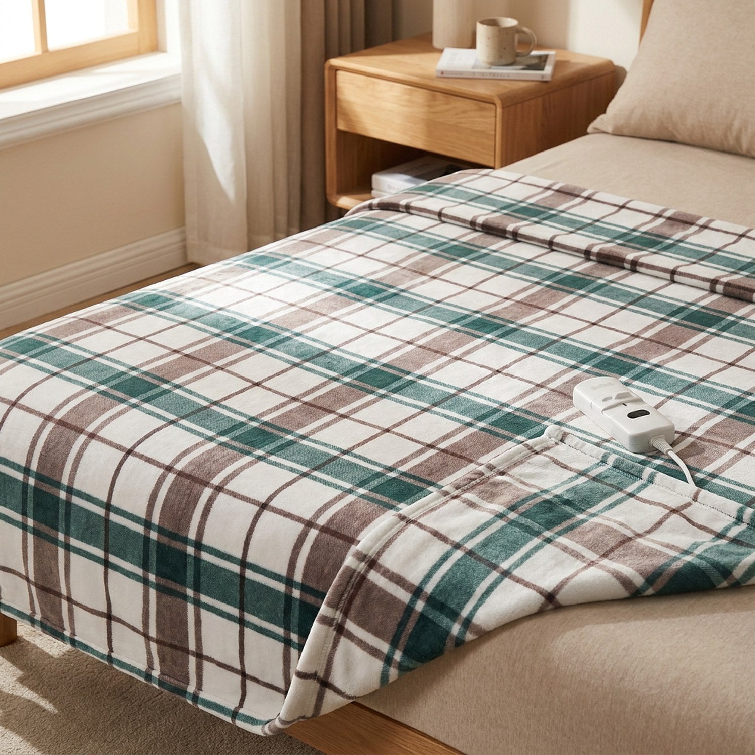 Couverture chauffante électrique à carreaux verts et blancs dépliée sur un lit dans une chambre chaleureuse