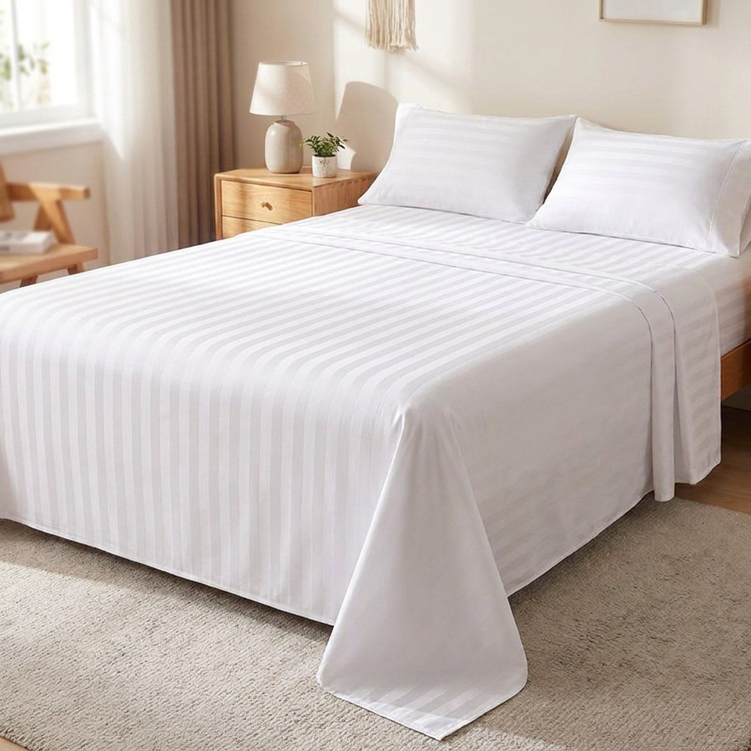 Drap plat en coton rayé blanc satiné installé sur un lit dans une chambre lumineuse