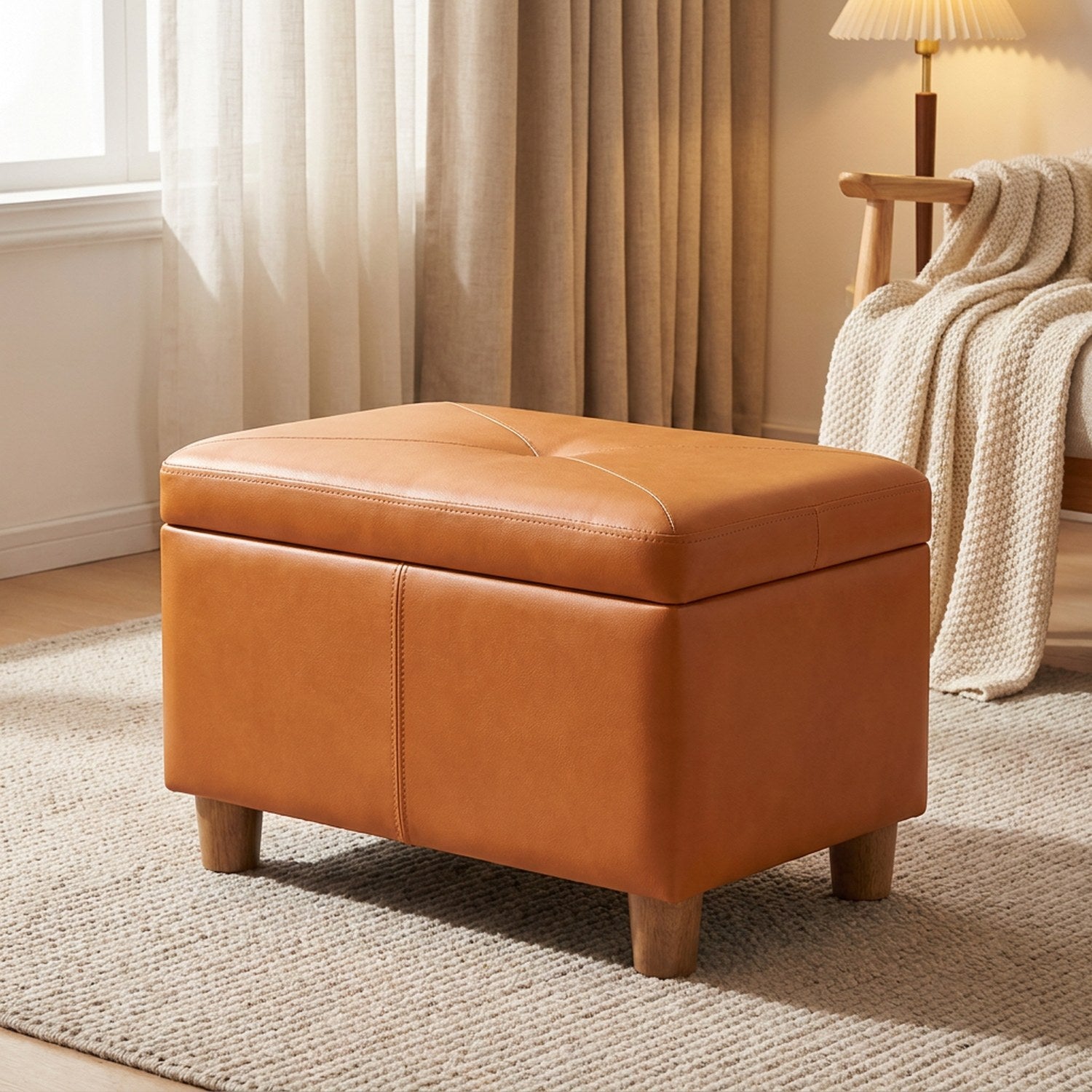 Pouf coffre de rangement en similicuir orange, vue produit