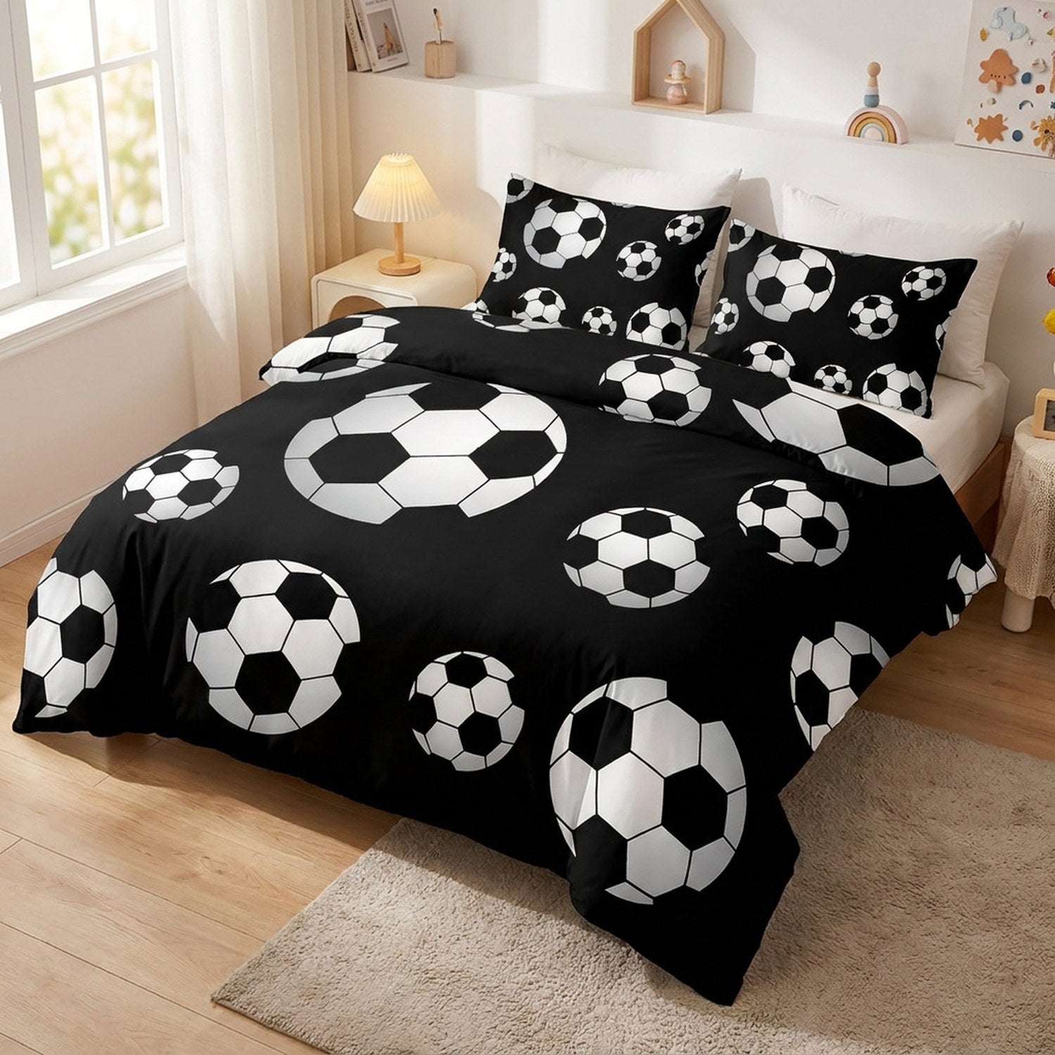 Housse de couette imprimée ballon de football noir sur un lit dans une chambre d'enfant