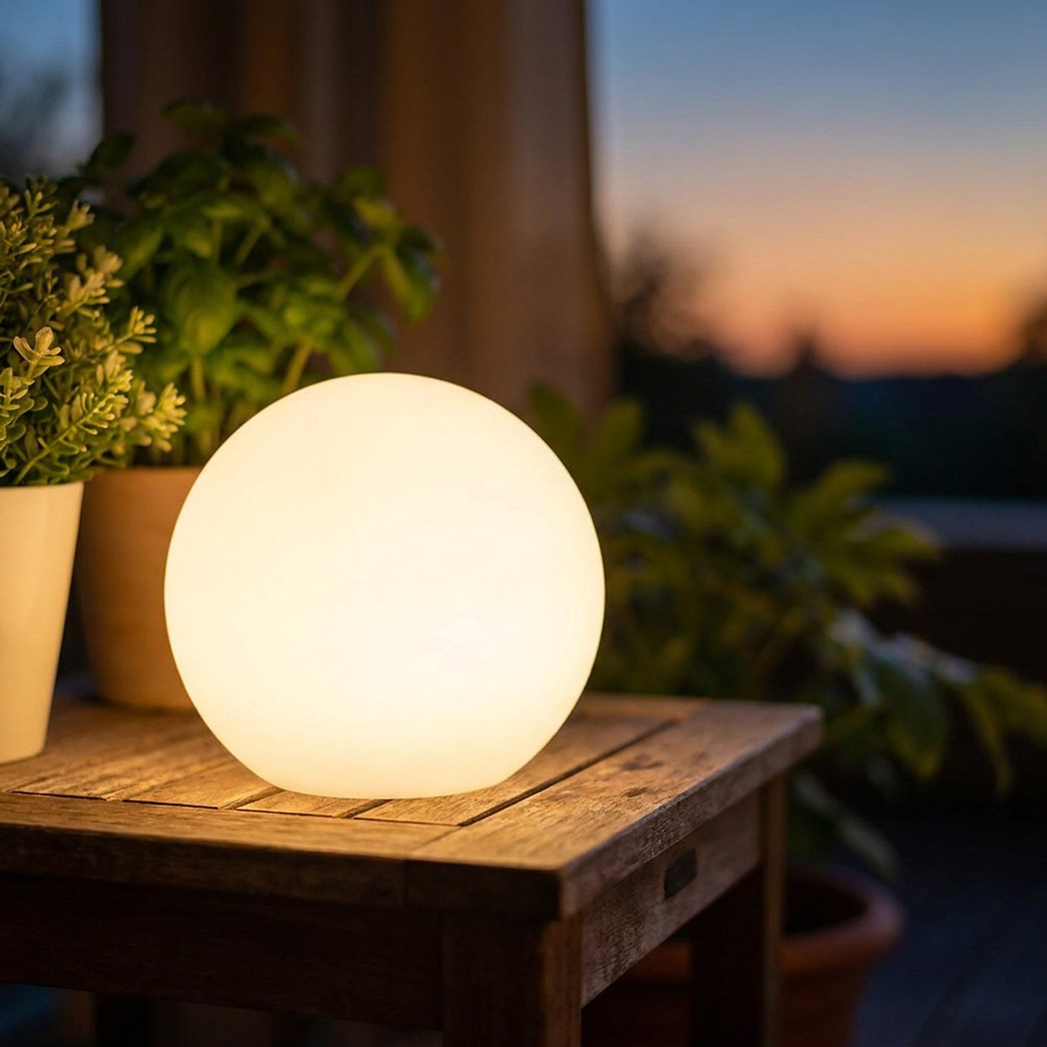 Boule lumineuse LED blanche allumée posée sur une table de terrasse au crépuscule