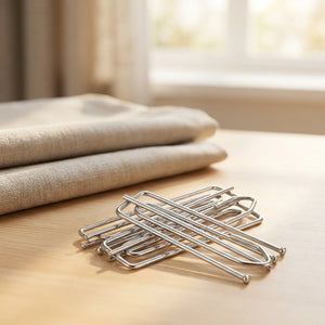 Crochets à plis pour rideaux en acier inoxydable à quatre dents posés sur une surface en bois