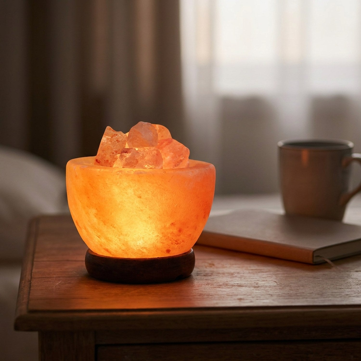Lampe de sel de l'Himalaya en cristal allumée sur une table de chevet en bois