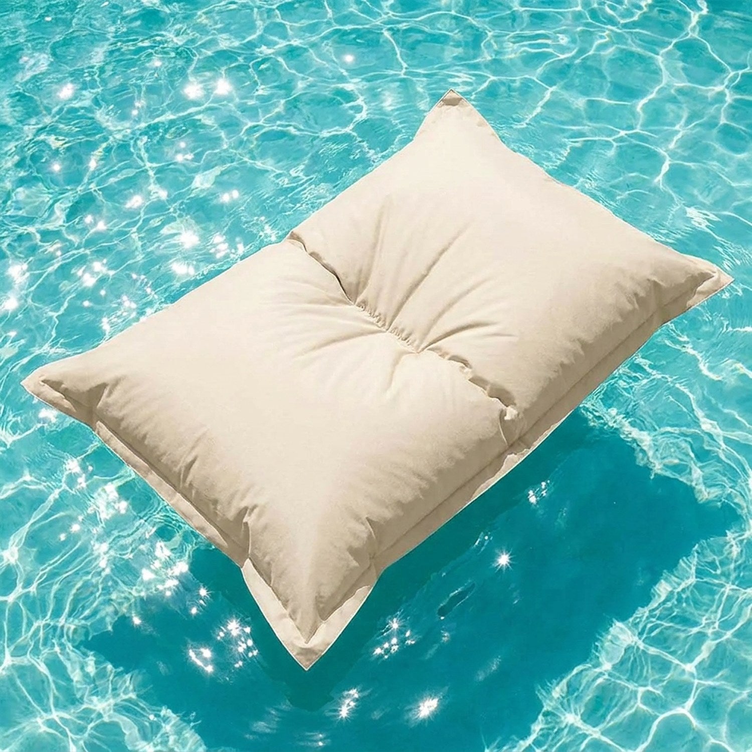 Pouf flottant pour piscine beige flottant sur l'eau, vue produit