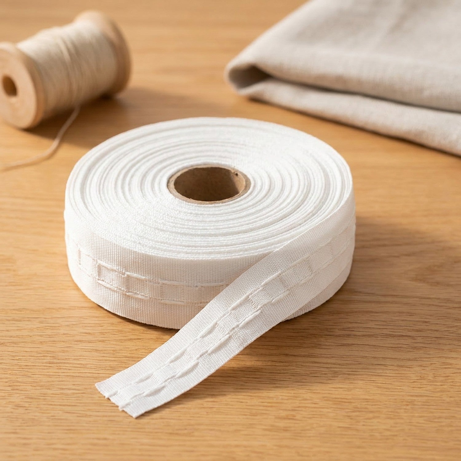 Galon fronceur blanc pour rideaux enroulé en rouleau avec poches à crochets visibles sur une surface claire