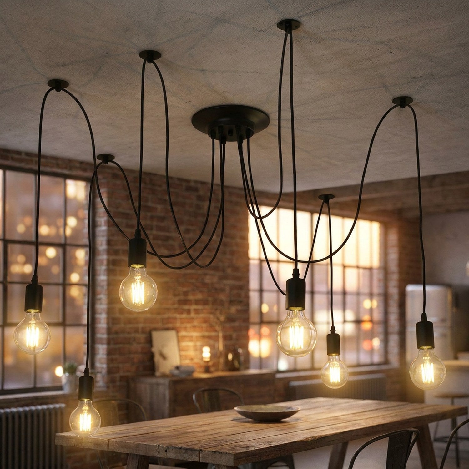 Lustre araignée vintage en métal noir avec plusieurs ampoules à filament suspendues au plafond d'un salon industriel