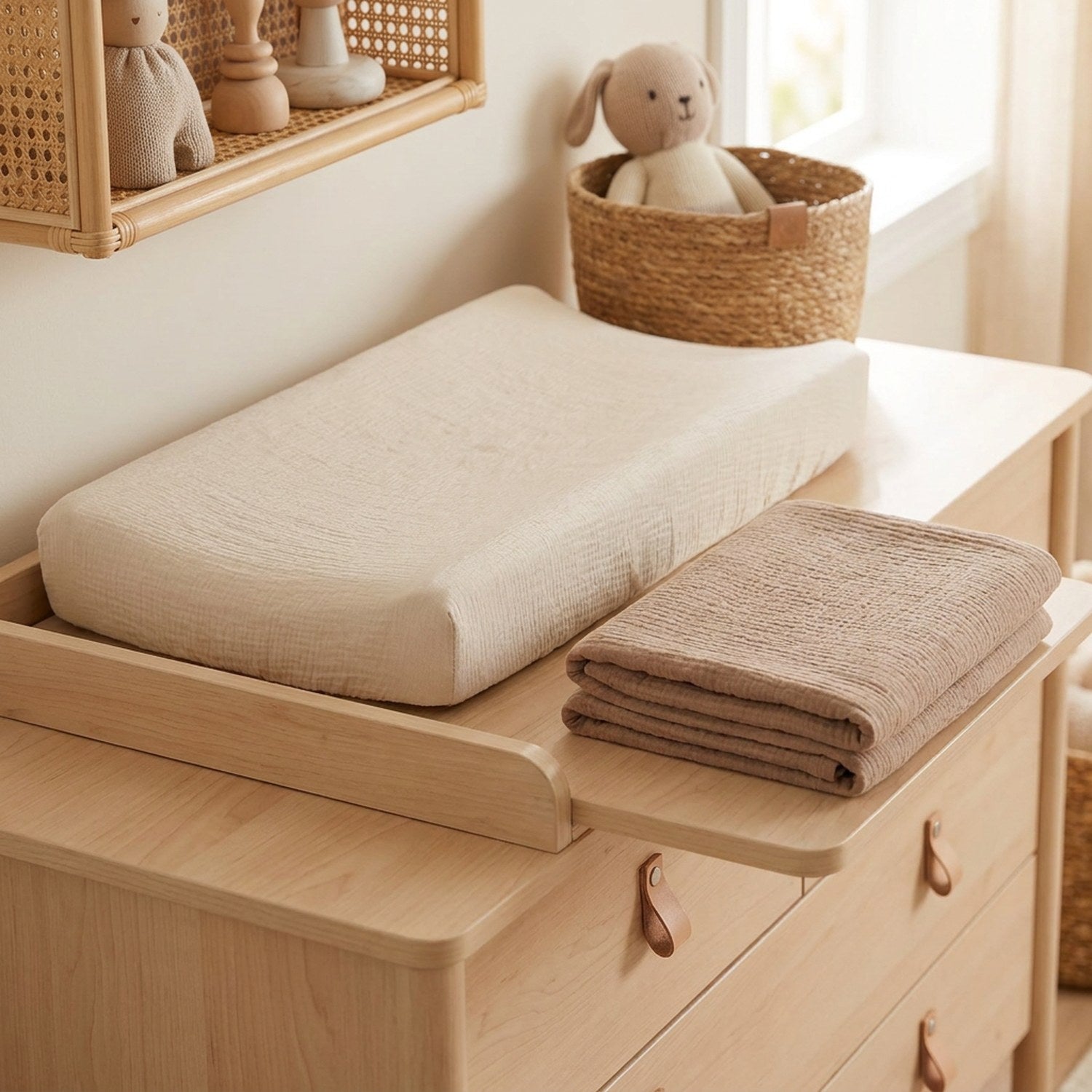 Housse de matelas à langer en gaze de coton posée sur un plan à langer dans une chambre de bébé lumineuse