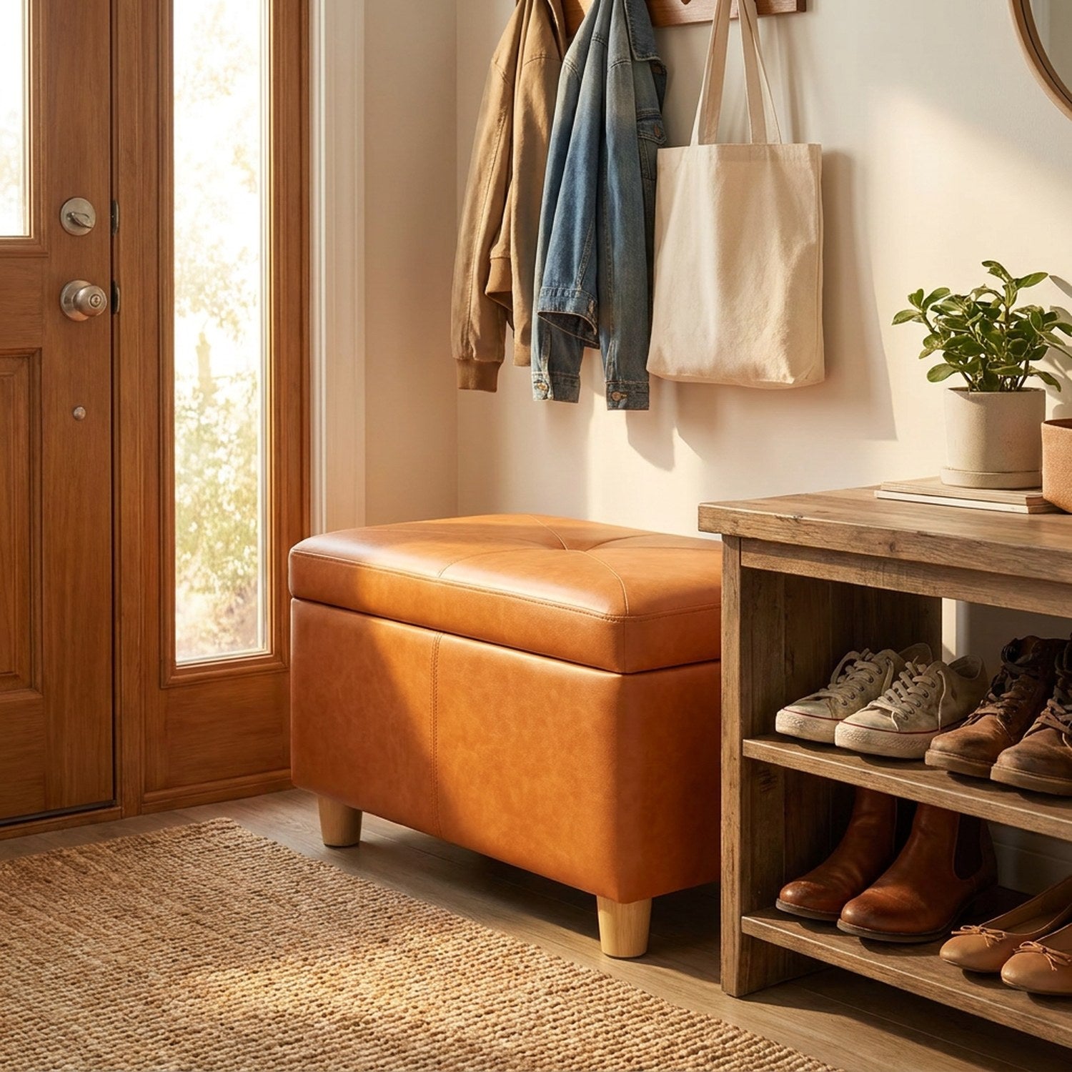 Pouf coffre de rangement dans une entrée près d'un range-chaussures