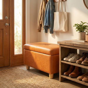 Pouf coffre de rangement dans une entrée près d'un range-chaussures