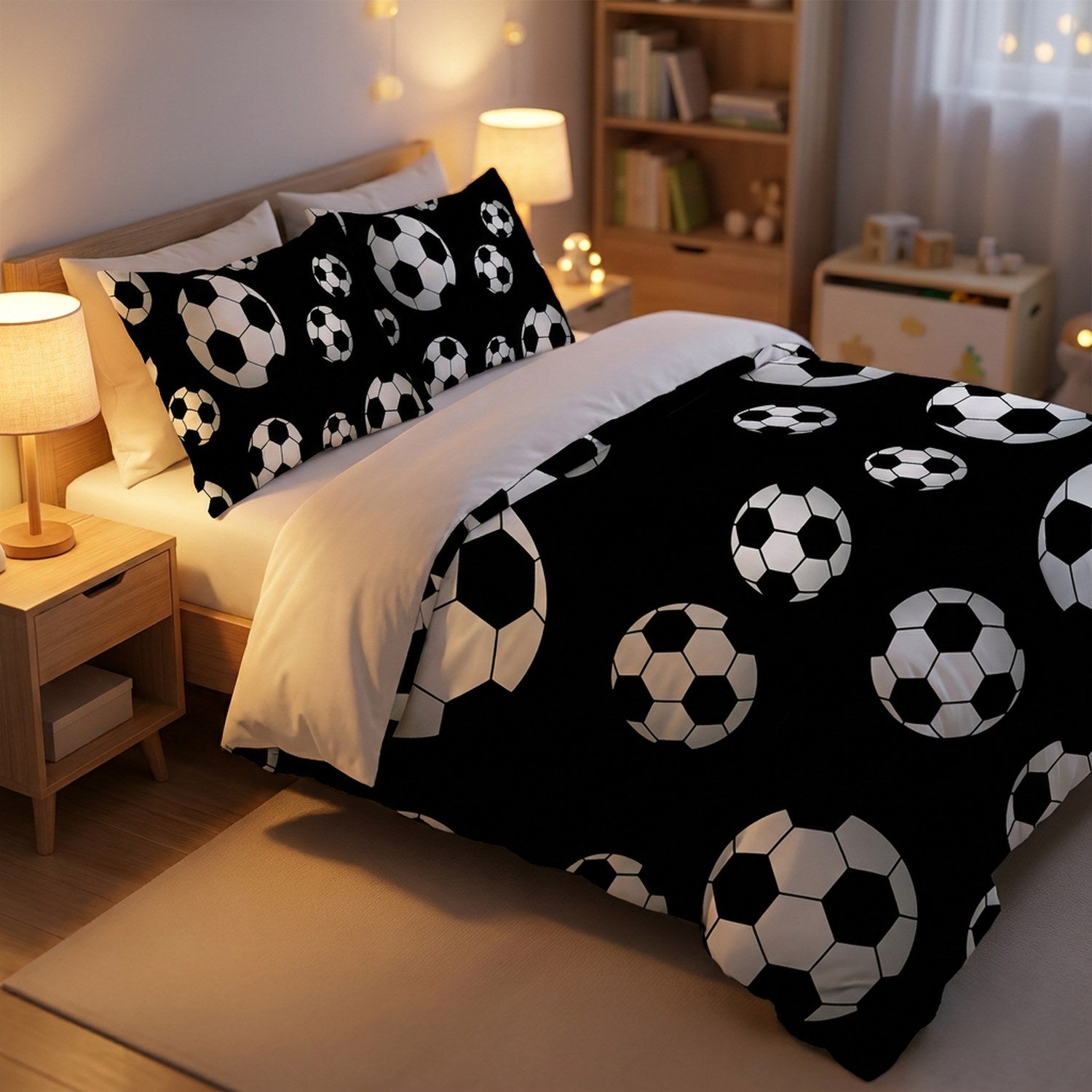 Housse de couette football noire dans une chambre d'enfant avec lampe de chevet allumée